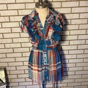 Pretty Good - Blue/red plaid top ruffles and belt tie at waist. Sz L